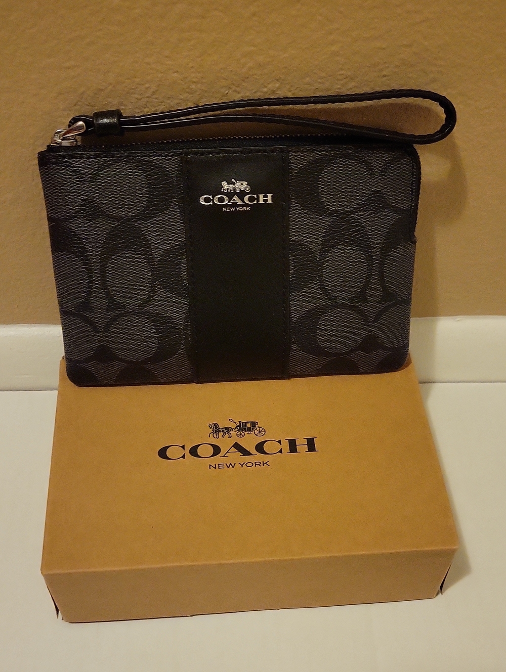 NWT: COACH Signature PVC Leather Corner Zip Wristlet